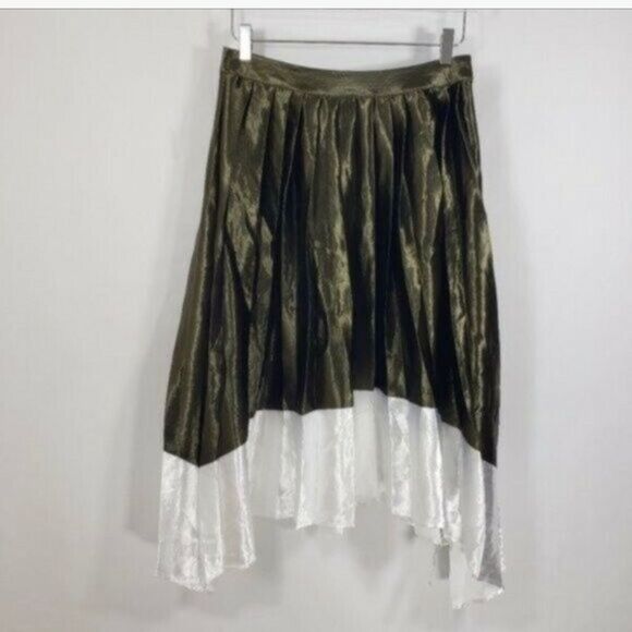 NWT English Factory Green White Asymmetrical Pleated Midi Flare Satin Skirt XL - Picture 6 of 6